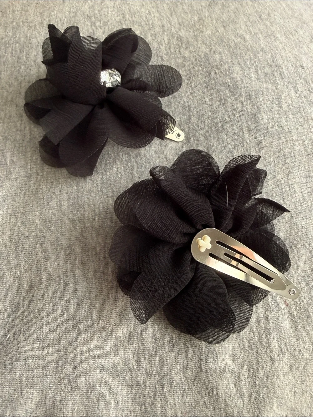 Set of 2 Black Floral Fabric Hair Clips with Rhinestone Accent